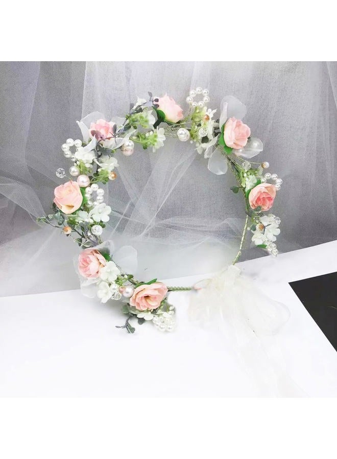 Vivivalue Floral Halo Boho Flower Headband Floral Crown Headpiece Hair Wreath with Ribbon Wedding Party Prom Photos Festival Pink by - Image 3